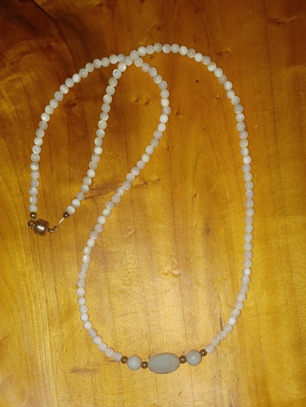 Natural Mother of Pearl & Amazonite Beaded Matinee Necklace 24" Magnetic